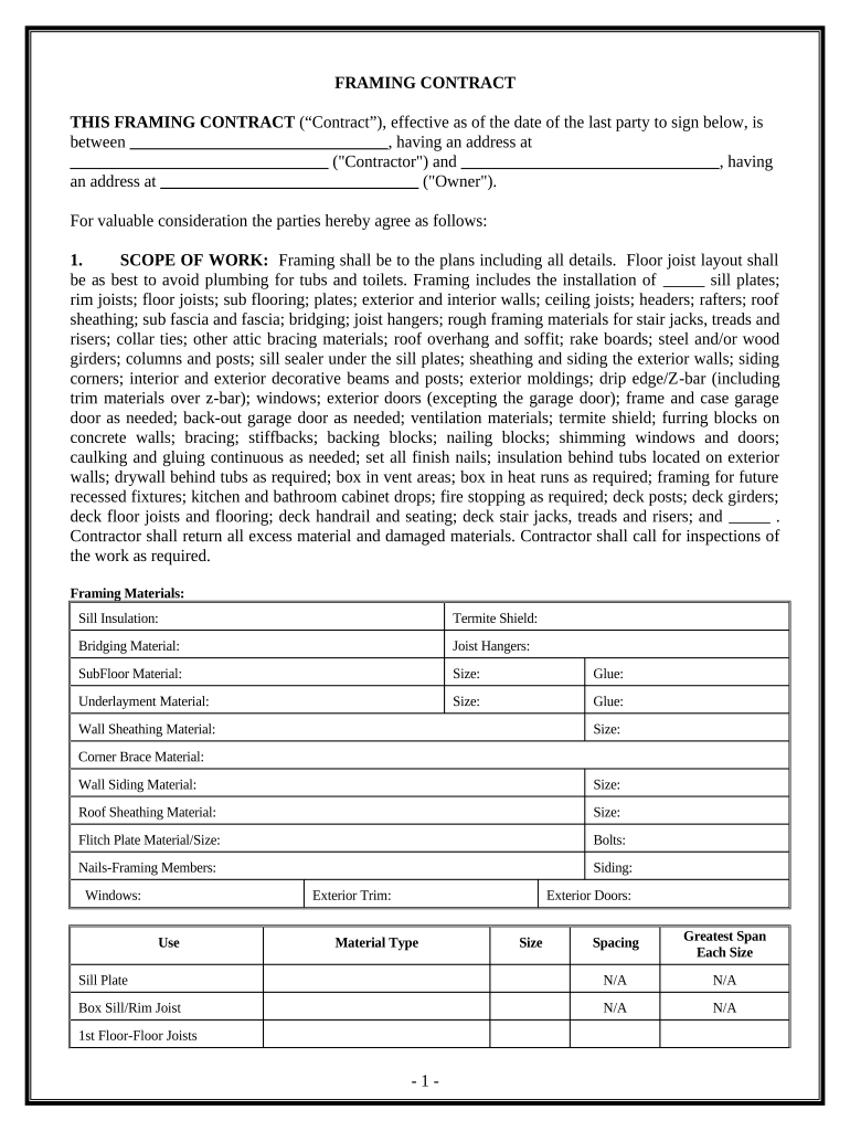 Framing Contract for Contractor Hawaii  Form