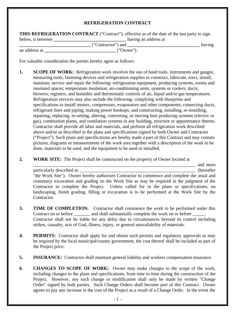 Refrigeration Contract for Contractor Hawaii  Form