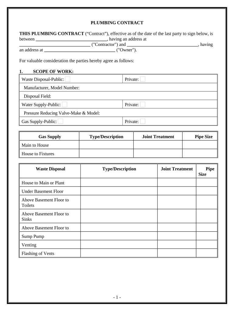 Plumbing Contract for Contractor Hawaii  Form