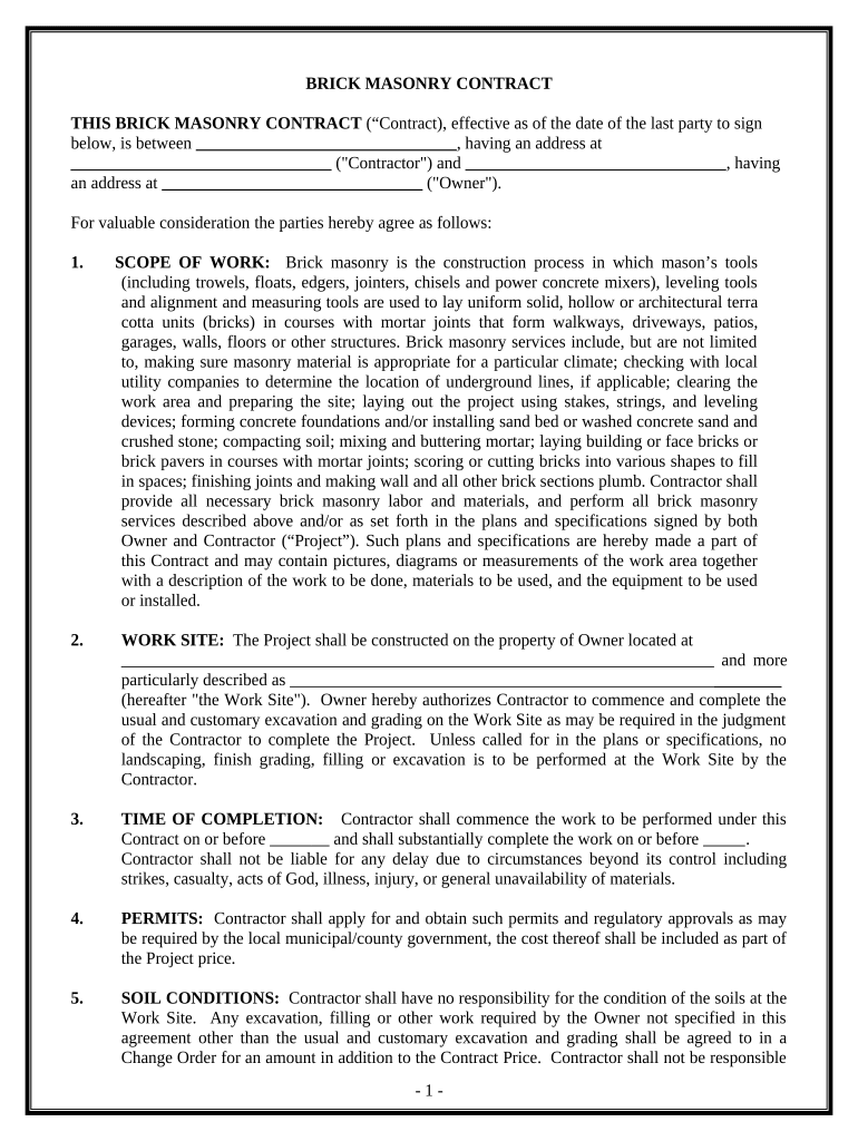 Brick Mason Contract for Contractor Hawaii  Form