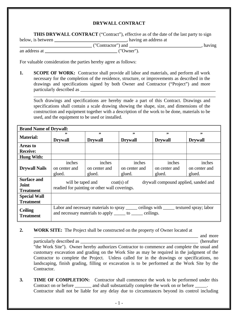 Sheetrock Drywall Contract for Contractor Hawaii  Form