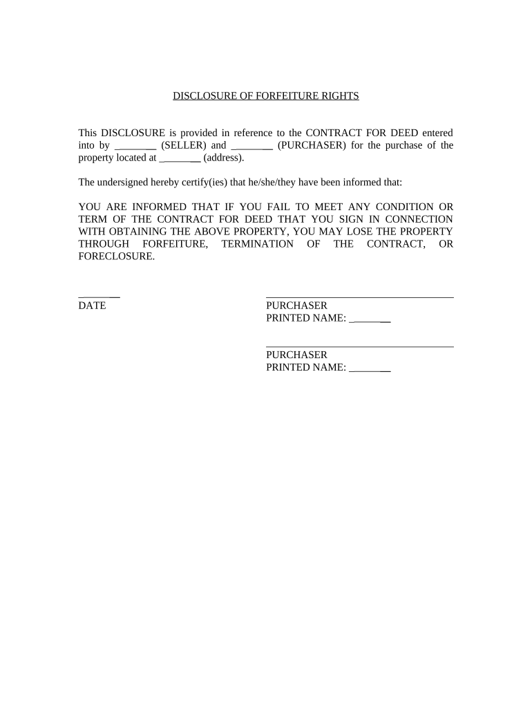 Seller's Disclosure of Forfeiture Rights for Contract for Deed Hawaii  Form