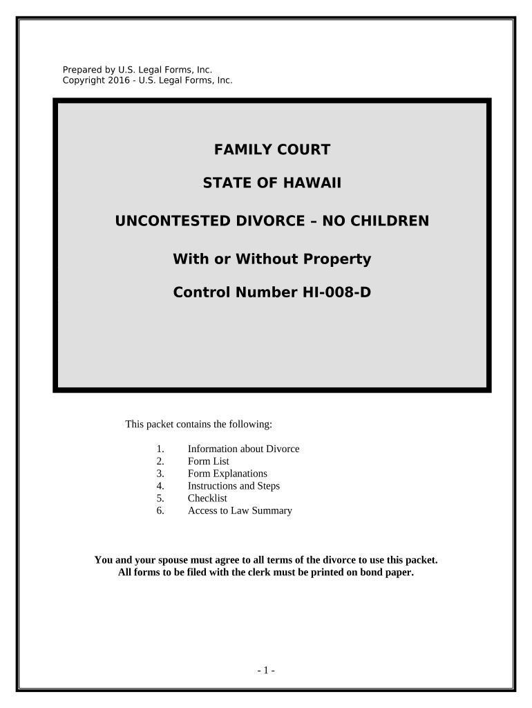 No Fault Agreed Uncontested Divorce Package for Dissolution of Marriage for Persons with No Children with or Without Property an  Form