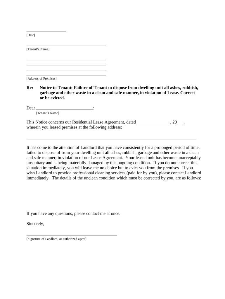 Letter from Landlord to Tenant for Failure of to Dispose All Ashes, Rubbish, Garbage or Other Waste in a Clean and Safe Manner I  Form