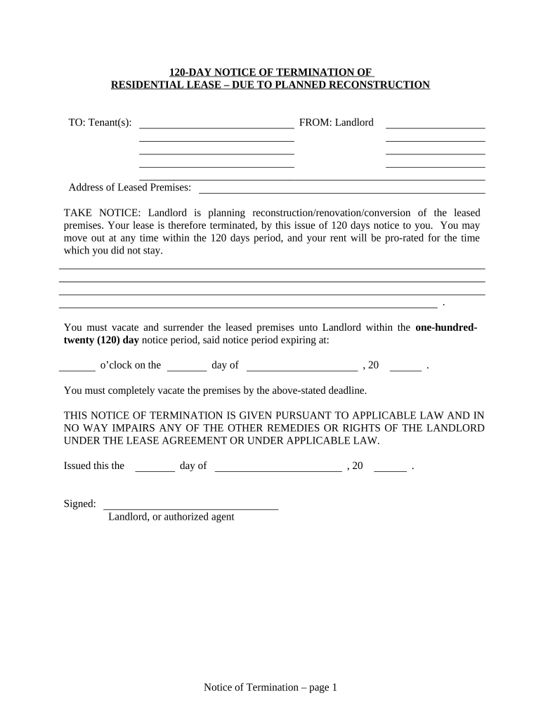 120 Day Notice to Terminate Month to Month Lease Where Demolition or Conversion Contemplated Residential LL to Tenant Hawaii  Form