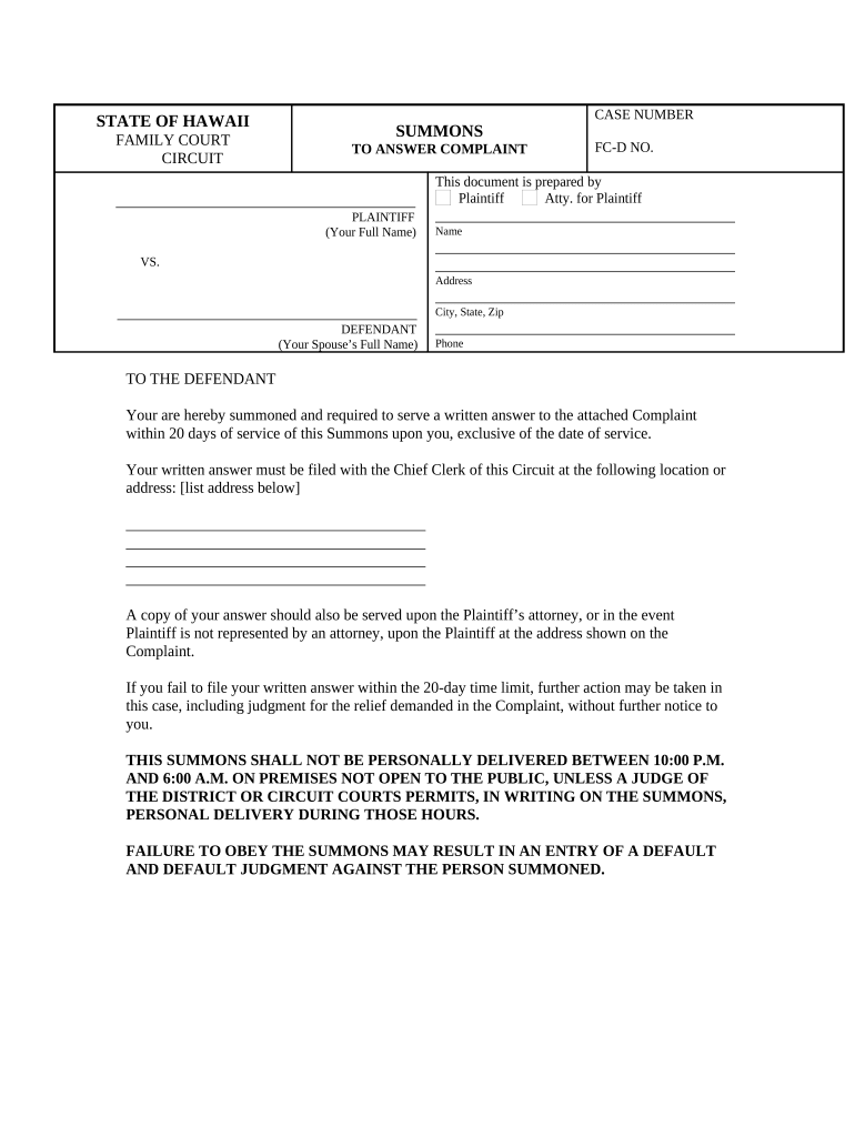 Hawaii Summons  Form