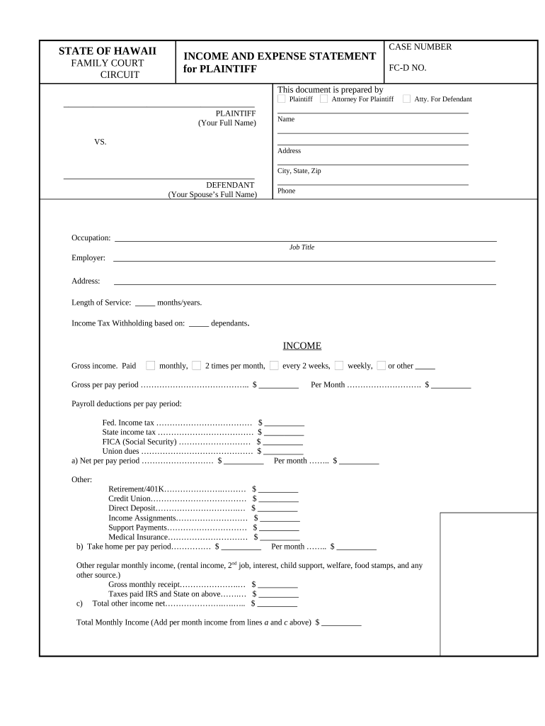 Income and Expense Statement of Plaintiff You Hawaii  Form