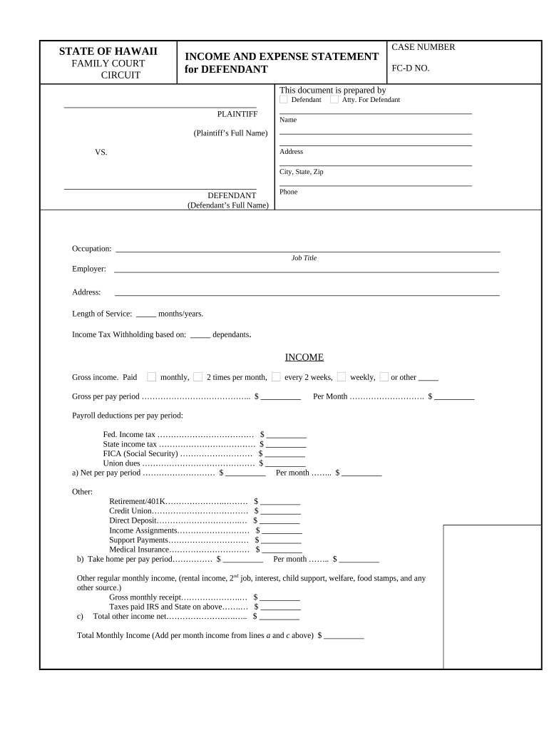 Hawaii Income Expense Statement  Form