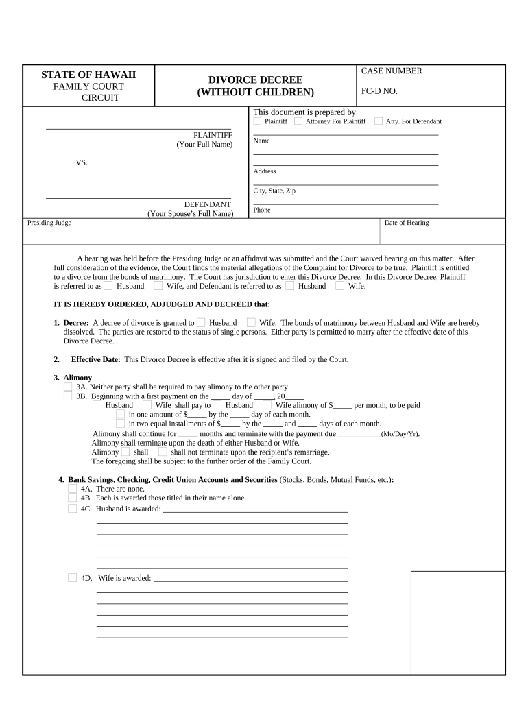 Hawaii Divorce Decree  Form