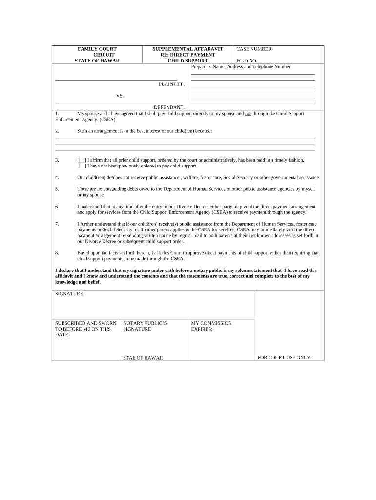 Supplemental Affidavit Regarding Direct Payment Child Support Hawaii  Form
