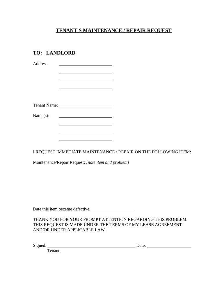 Tenant's Maintenance Repair Request Form Hawaii