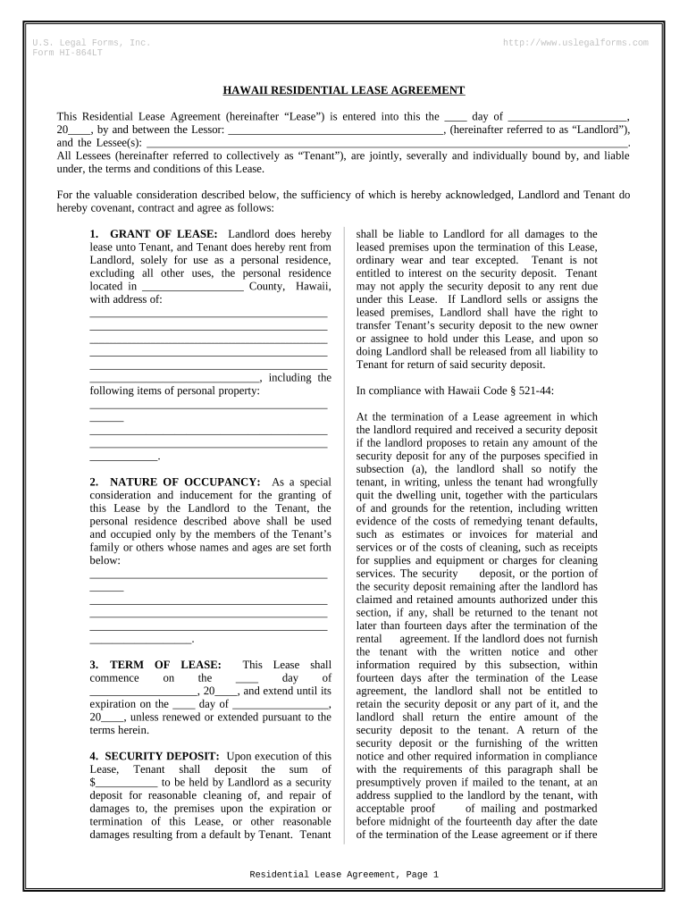 Residential Rental Lease Agreement Hawaii  Form