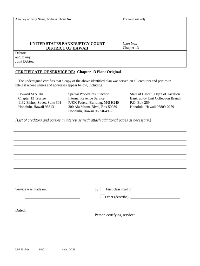 Certificate of Service Chapter 13 Plan Hawaii  Form
