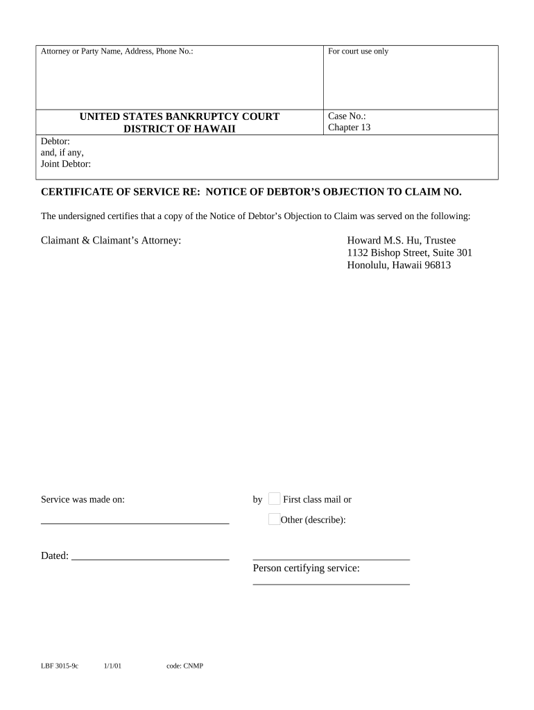 Certificate of Service for Notice of Objection to Claim Hawaii  Form