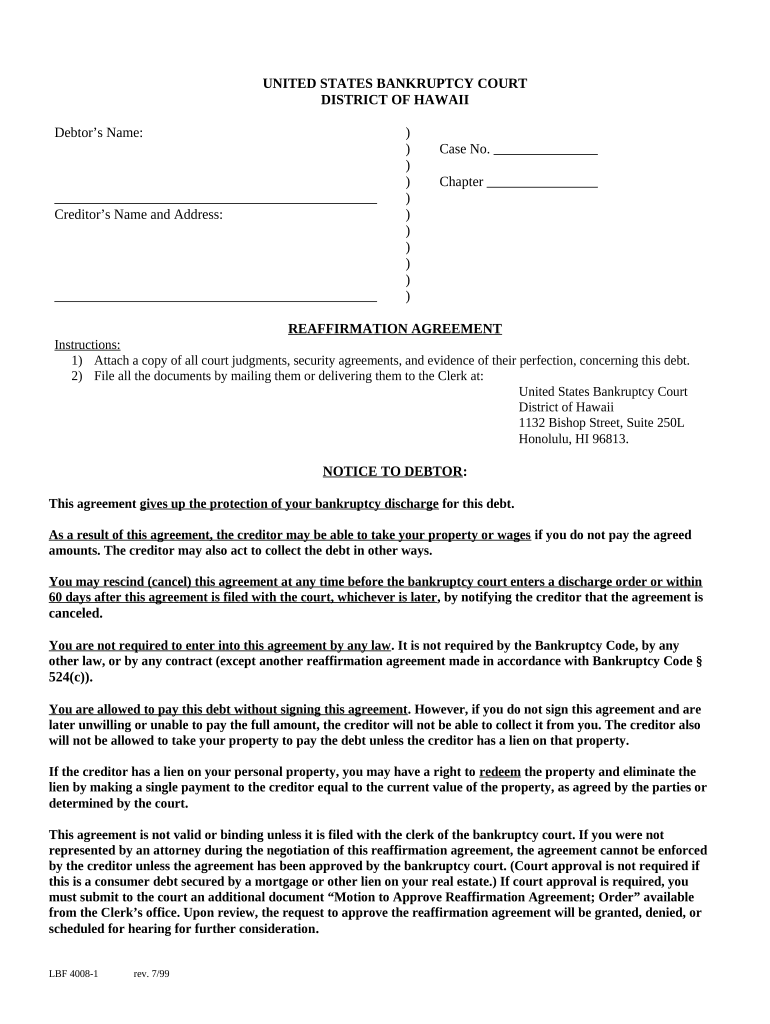 Reaffirmation Agreement Hawaii  Form