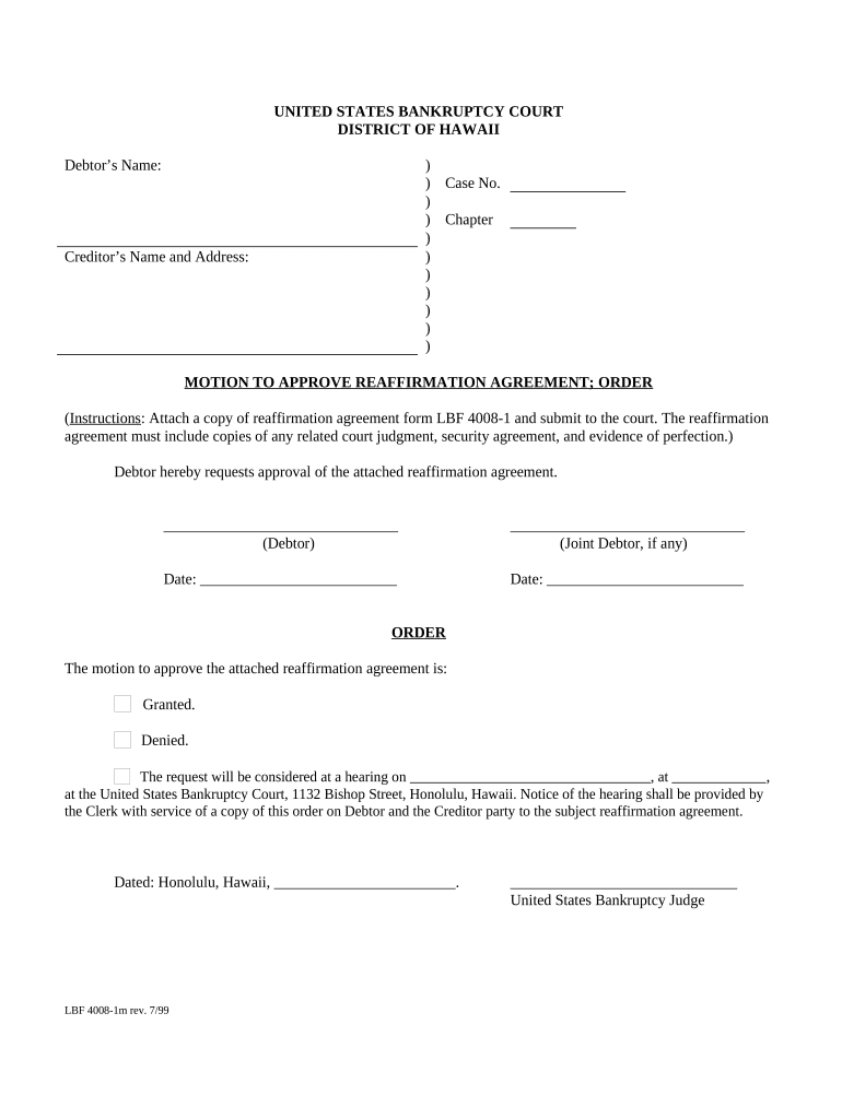 Motion for Approval of Reaffirmation Agreement Hawaii  Form