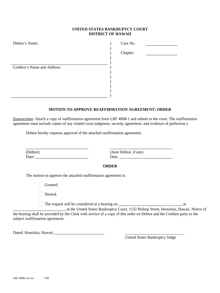 Motion to Approve Reaffirmation Agreement and Order Hawaii  Form