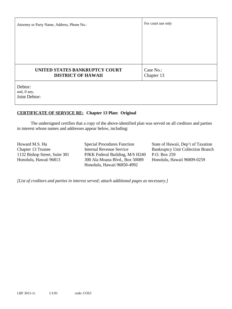 Verification of Creditors Matrix Hawaii  Form