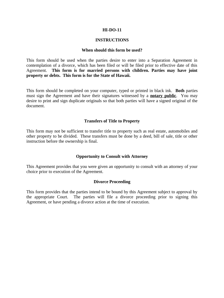 Marital Legal Separation and Property Settlement Agreement Minor Children Parties May Have Joint Property or Debts Where Divorce  Form