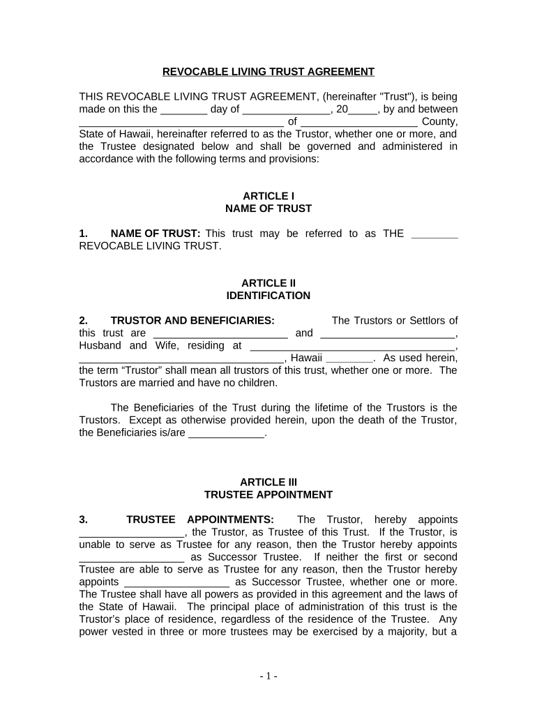 Living Trust for Husband and Wife with No Children Hawaii  Form