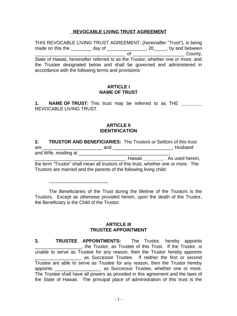 Living Trust for Husband and Wife with One Child Hawaii  Form