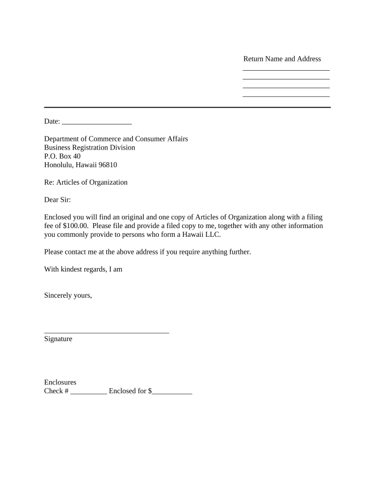 Sample Cover Letter for Filing of LLC Articles or Certificate with Secretary of State Hawaii  Form