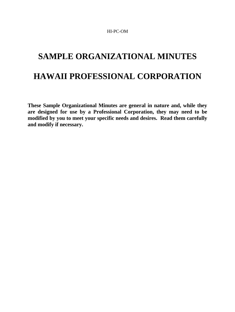 Organizational Minutes for a Hawaii Professional Corporation Hawaii  Form