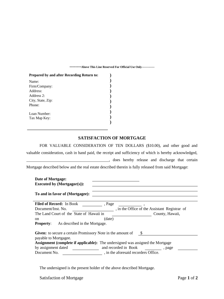 Satisfaction, Release or Cancellation of Mortgage by Individual Hawaii  Form