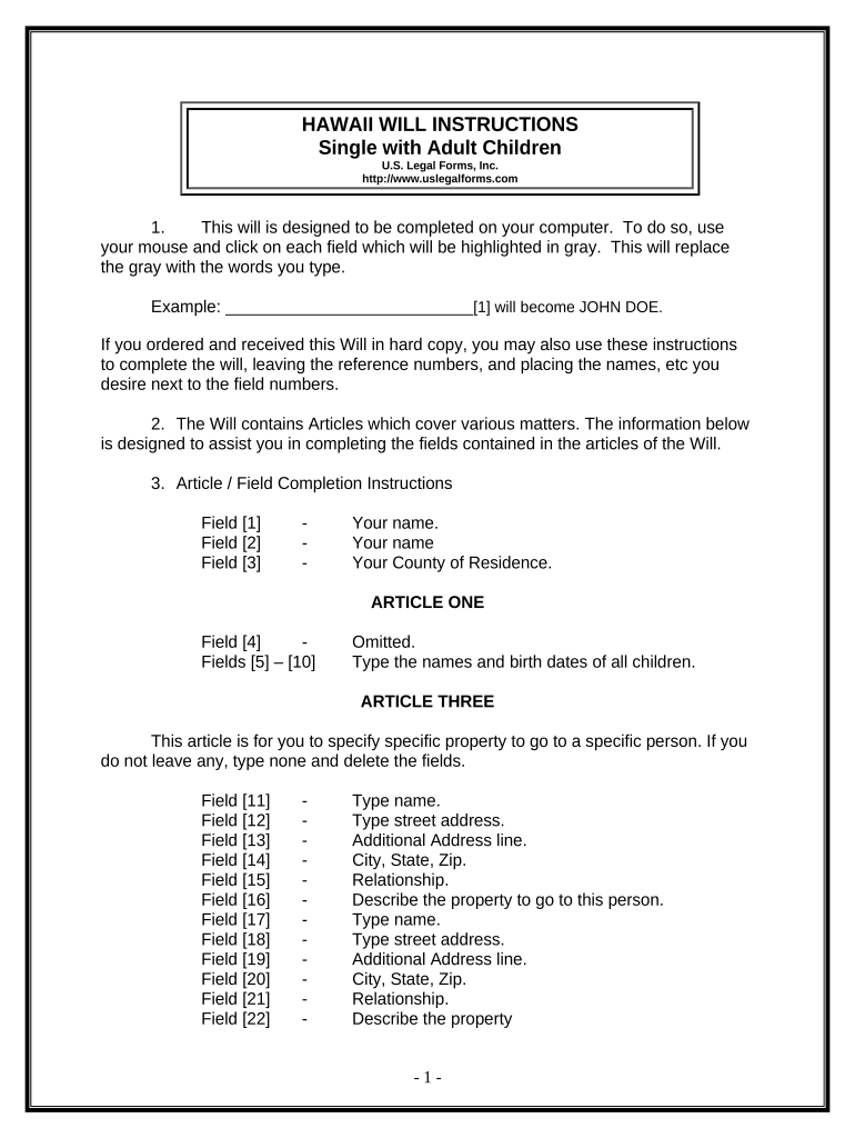 Legal Last Will and Testament Form for Single Person with Adult Children Hawaii