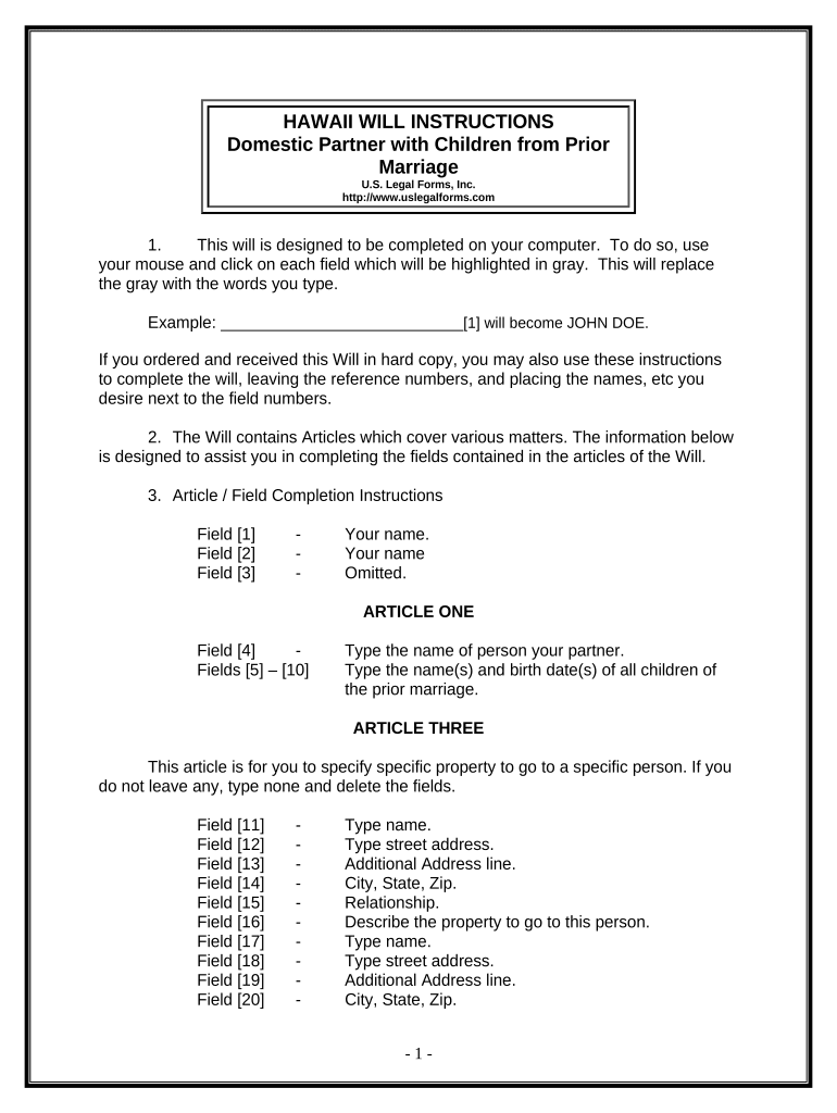 Legal Last Will and Testament for Domestic Partner with Minor Children from Prior Marriage Hawaii  Form