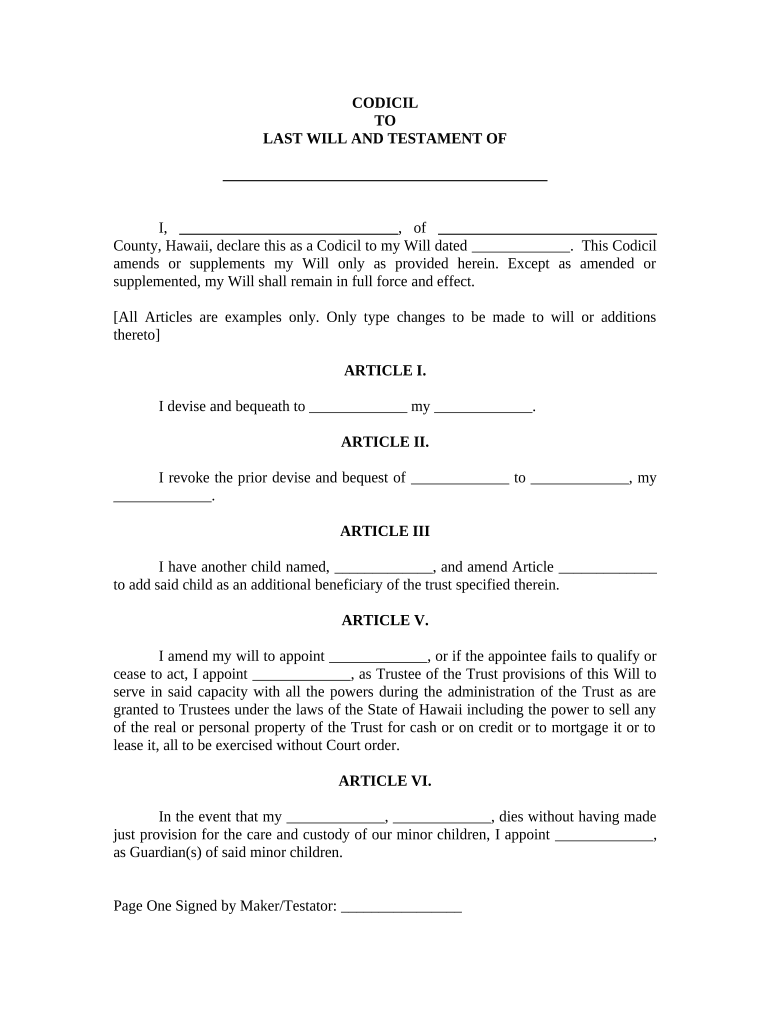 Hawaii Will  Form