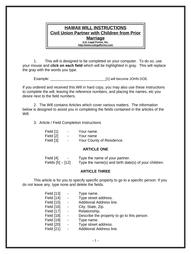 Legal Last Will and Testament Form for Civil Union Partner with Adult and Minor Children from Prior Marriage Hawaii