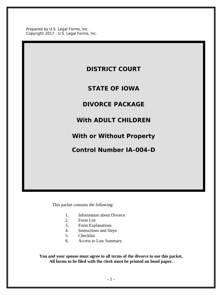 No Fault Uncontested Agreed Divorce Package for Dissolution of Marriage with Adult Children and with or Without Property and Deb  Form