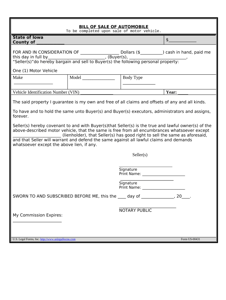 Bill of Sale of Automobile and Odometer Statement Iowa  Form