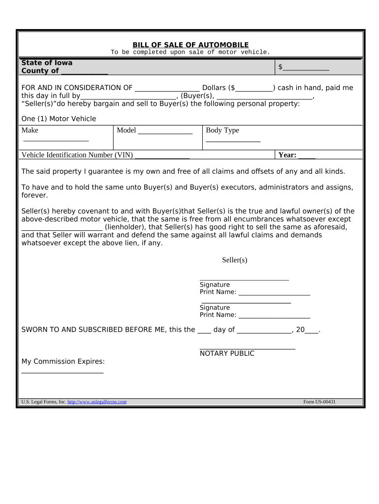 Bill of Sale of Automobile and Odometer Statement Iowa Form