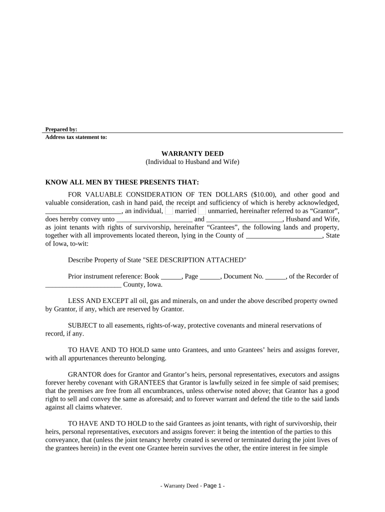 Warranty Deed from Individual to Husband and Wife Iowa  Form