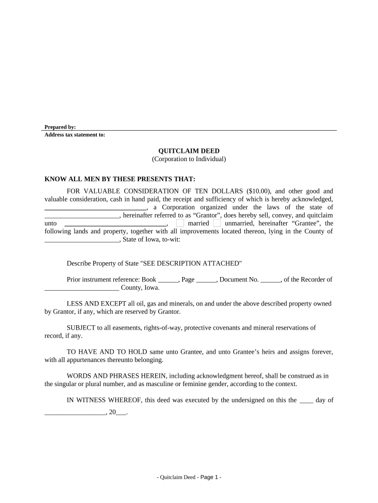 Quitclaim Deed from Corporation to Individual Iowa  Form