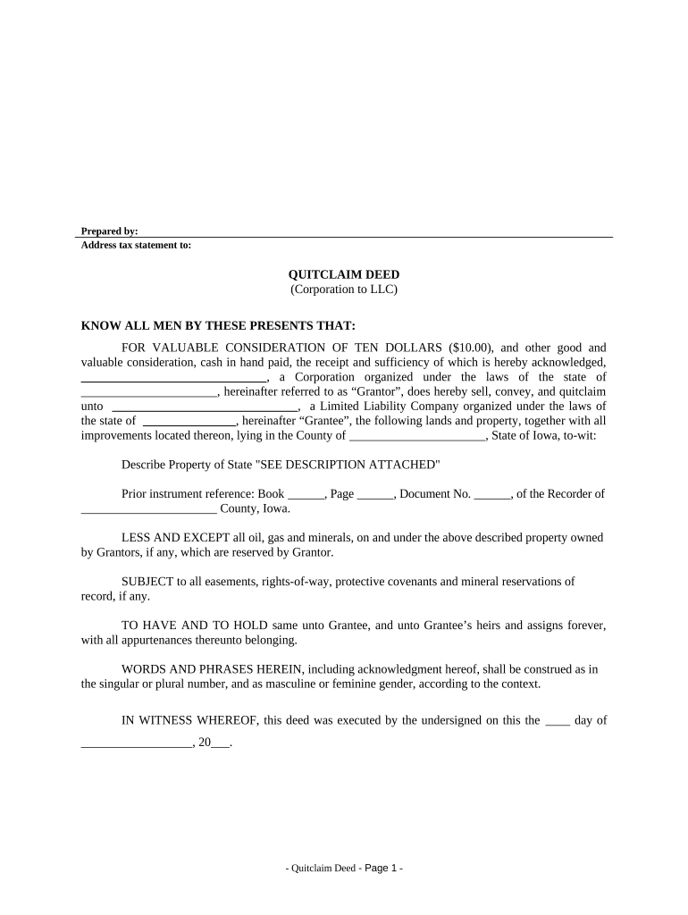 Quitclaim Deed from Corporation to LLC Iowa  Form