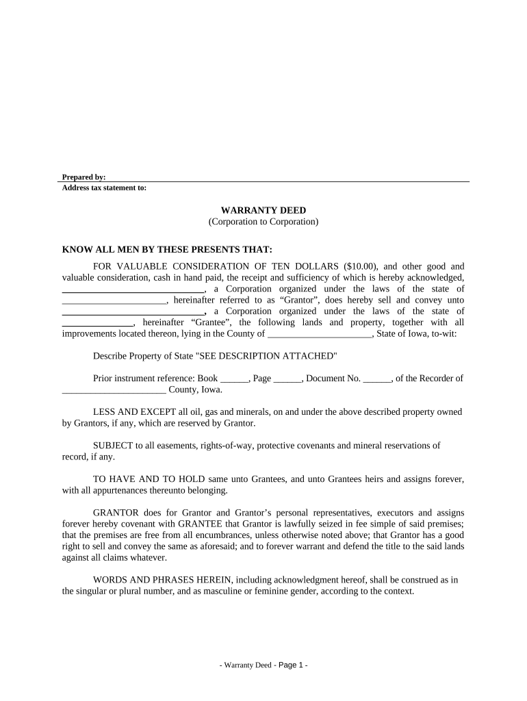 Warranty Deed from Corporation to Corporation Iowa  Form