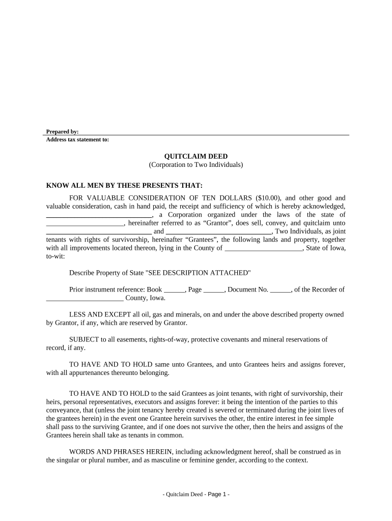 Quitclaim Deed from Corporation to Two Individuals Iowa  Form