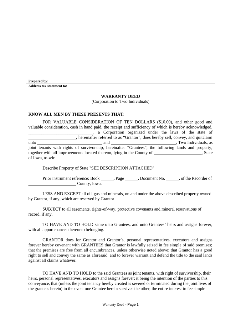 Warranty Deed from Corporation to Two Individuals Iowa  Form