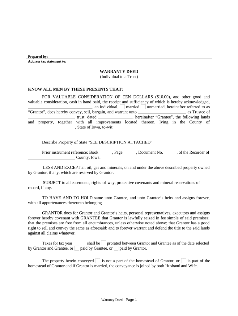 Warranty Deed from Individual to a Trust Iowa  Form