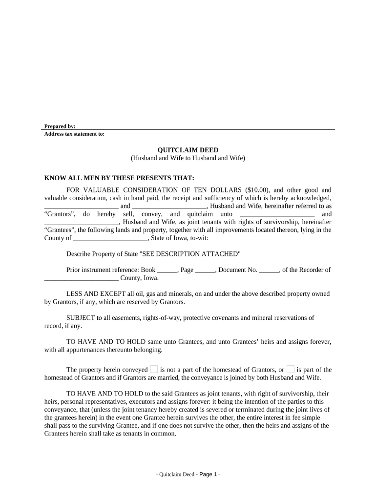 Quitclaim Deed from Husband and Wife to Husband and Wife Iowa  Form