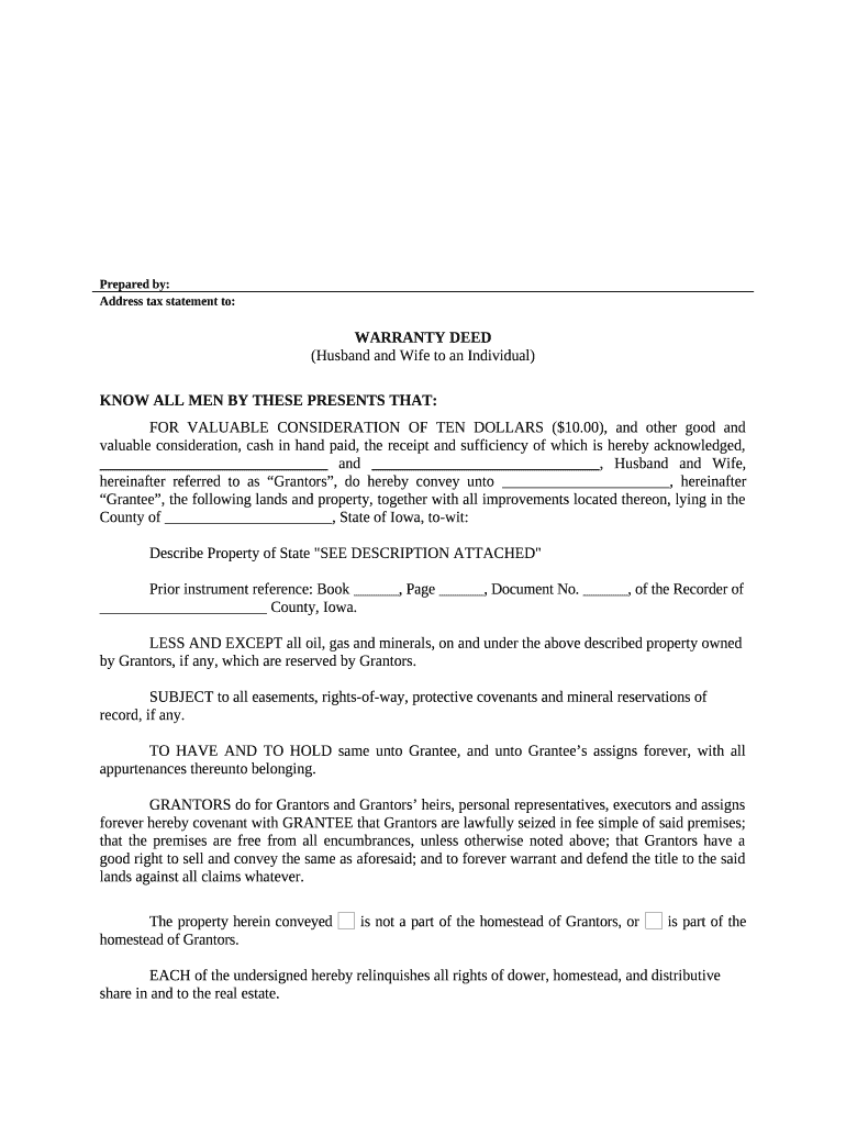Warranty Deed from Husband and Wife to an Individual Iowa  Form