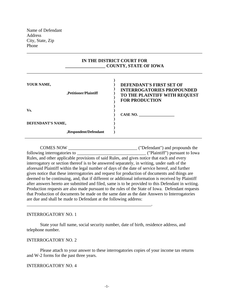 Discovery Interrogatories from Defendant to Plaintiff with Production Requests Iowa  Form