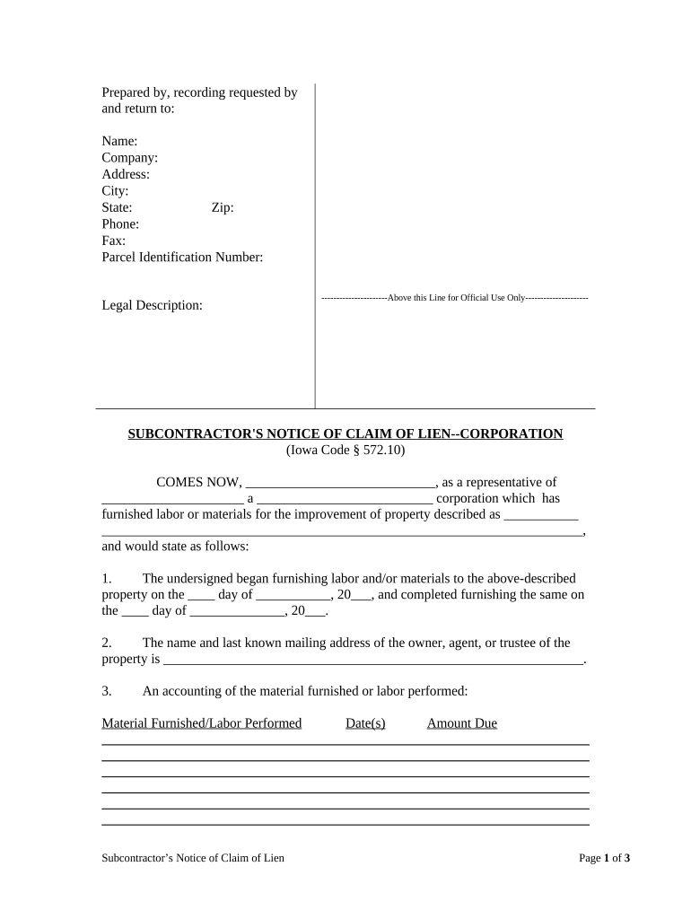 Notice of Claim of Lien by Corporation or LLC Iowa  Form