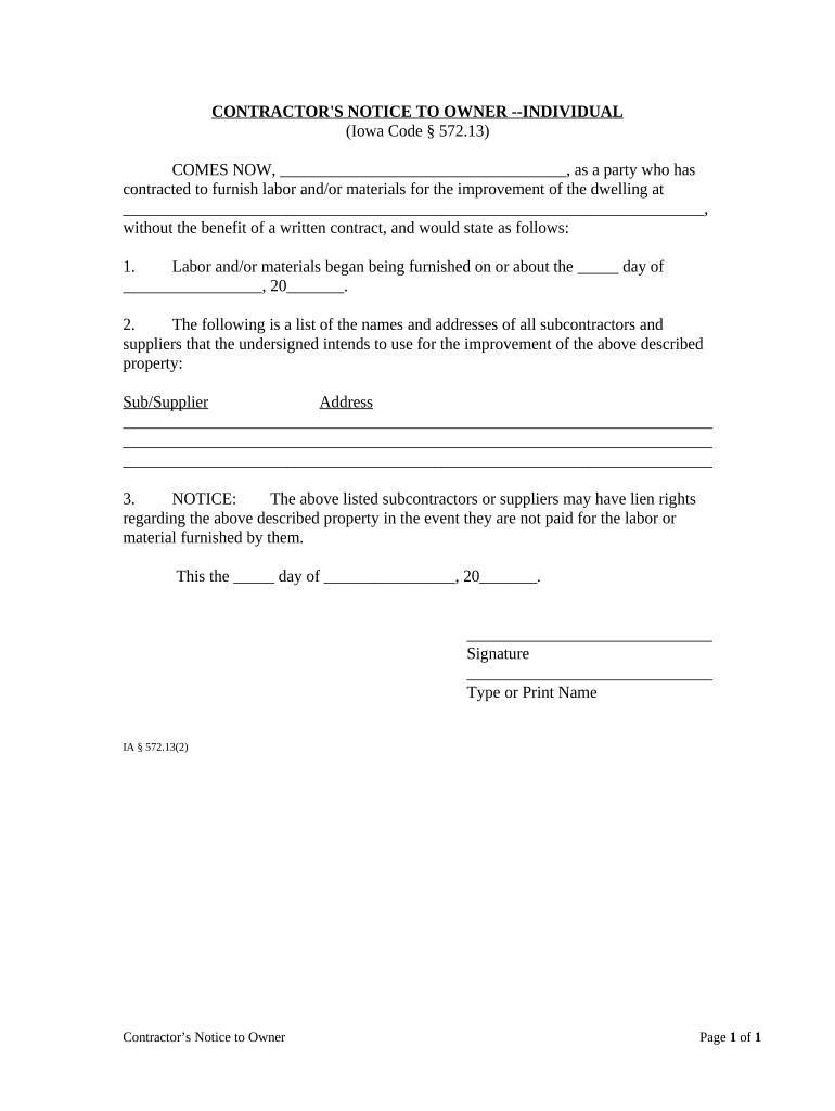Contractor's Notice to Owner Individual Iowa  Form