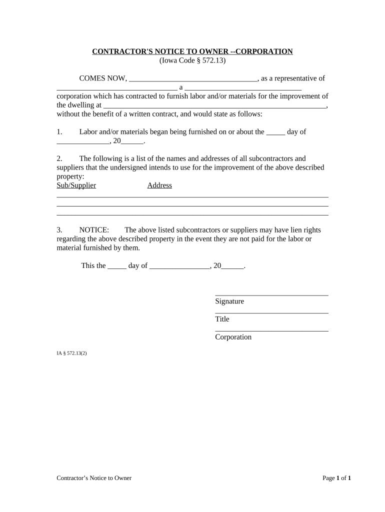 Contractor's Notice to Owner by Corporation or LLC Iowa  Form