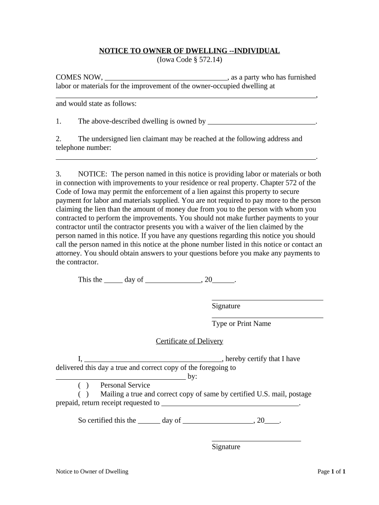 Notice to Owner of Dwelling Individual Iowa  Form