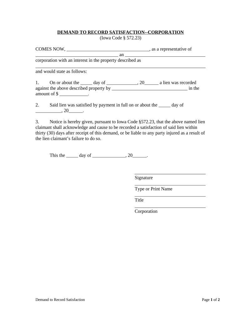 Demand to Record Satisfaction by Corporation or LLC Iowa  Form